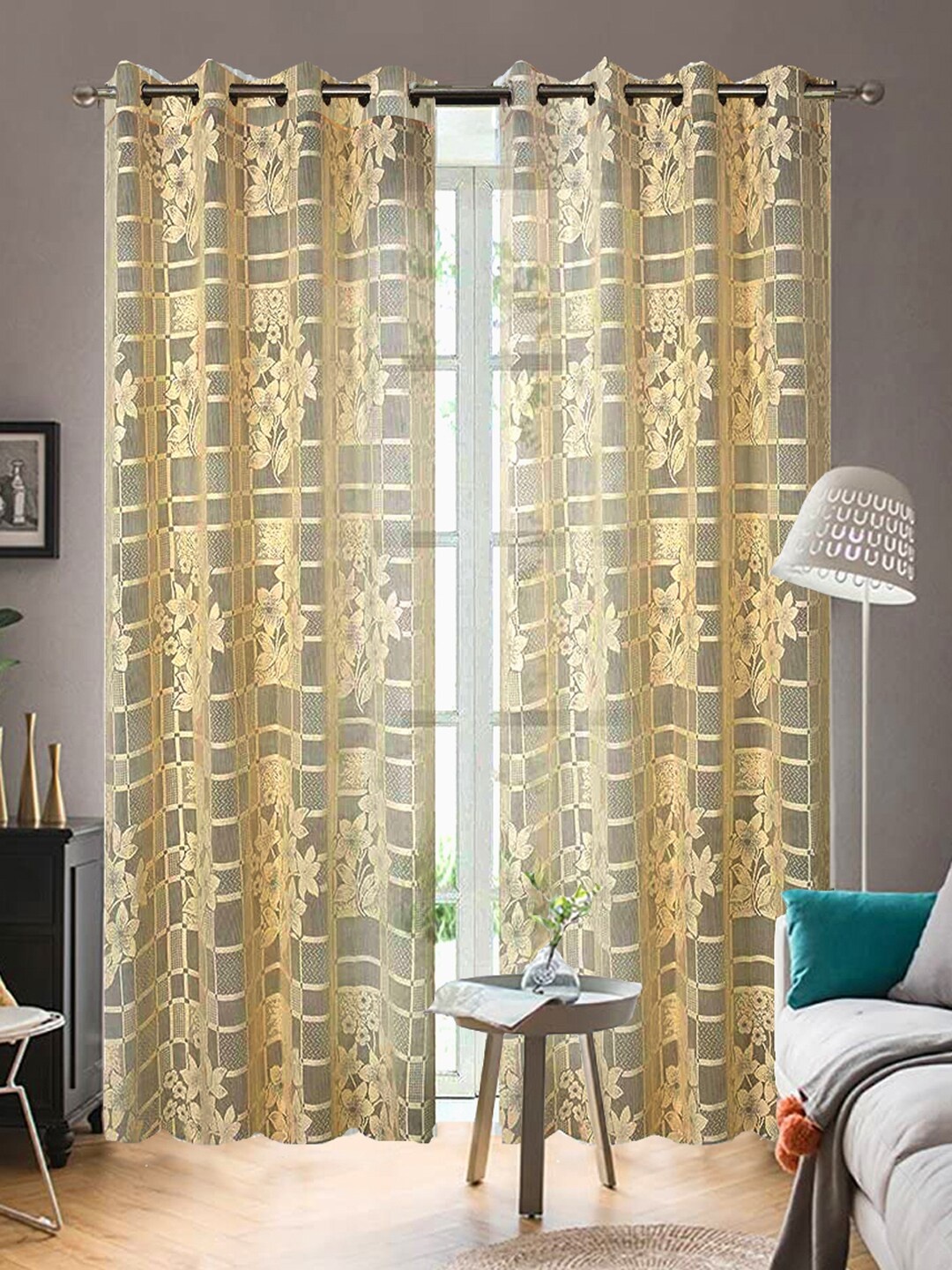 

WEAVERS VILLA Beige Set of 2 Floral Sheer Door Curtain