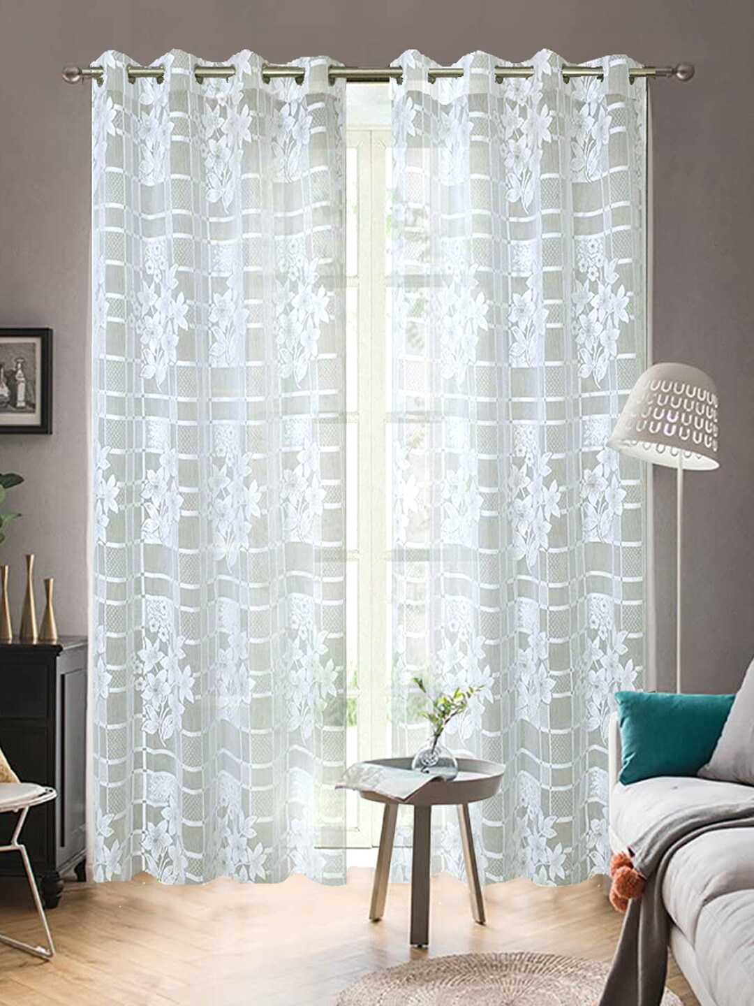 WEAVERS VILLA White Set of 2 Floral Sheer Door Curtain