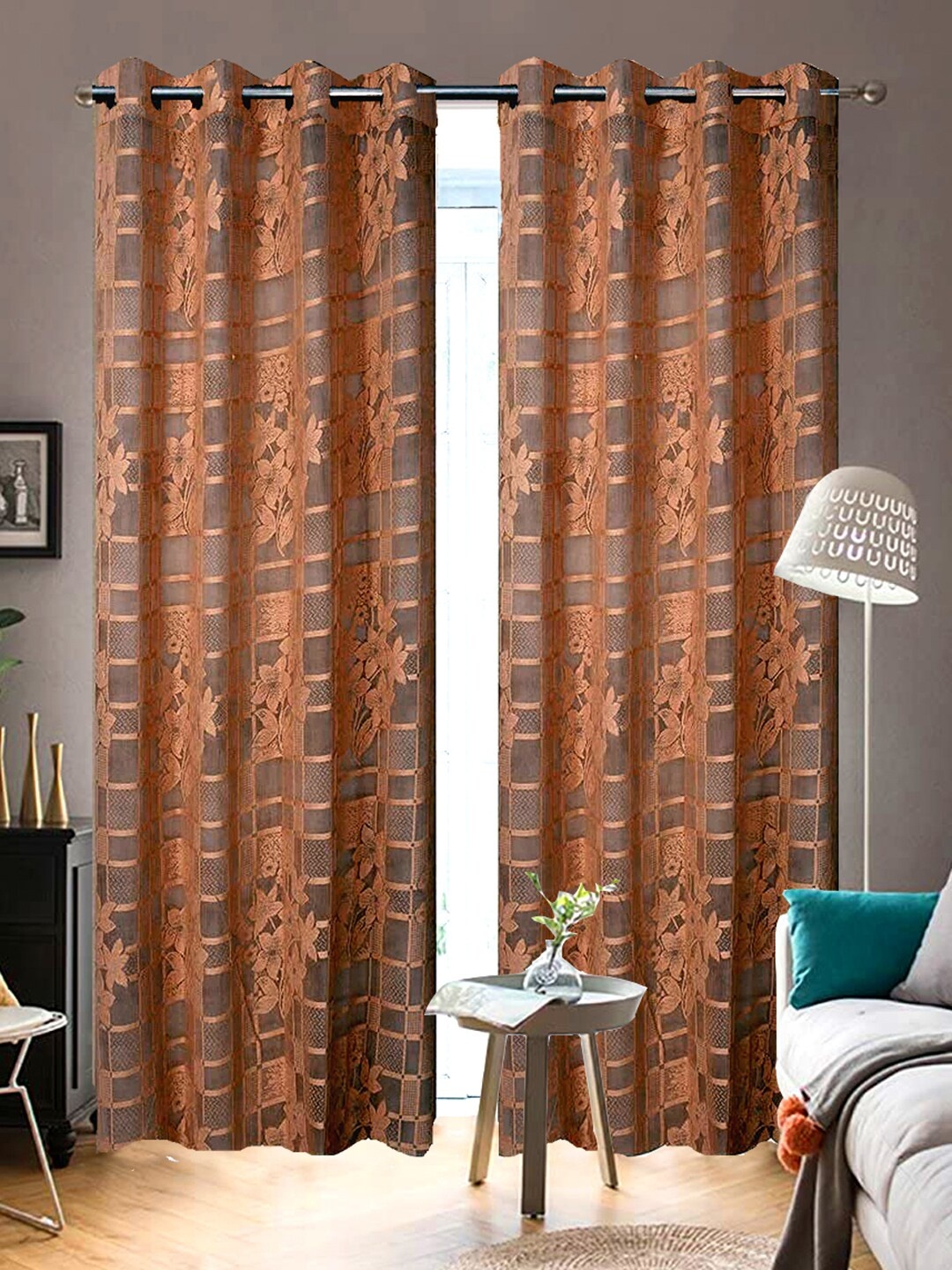 WEAVERS VILLA Brown Set of 2 Floral Sheer Door Curtain