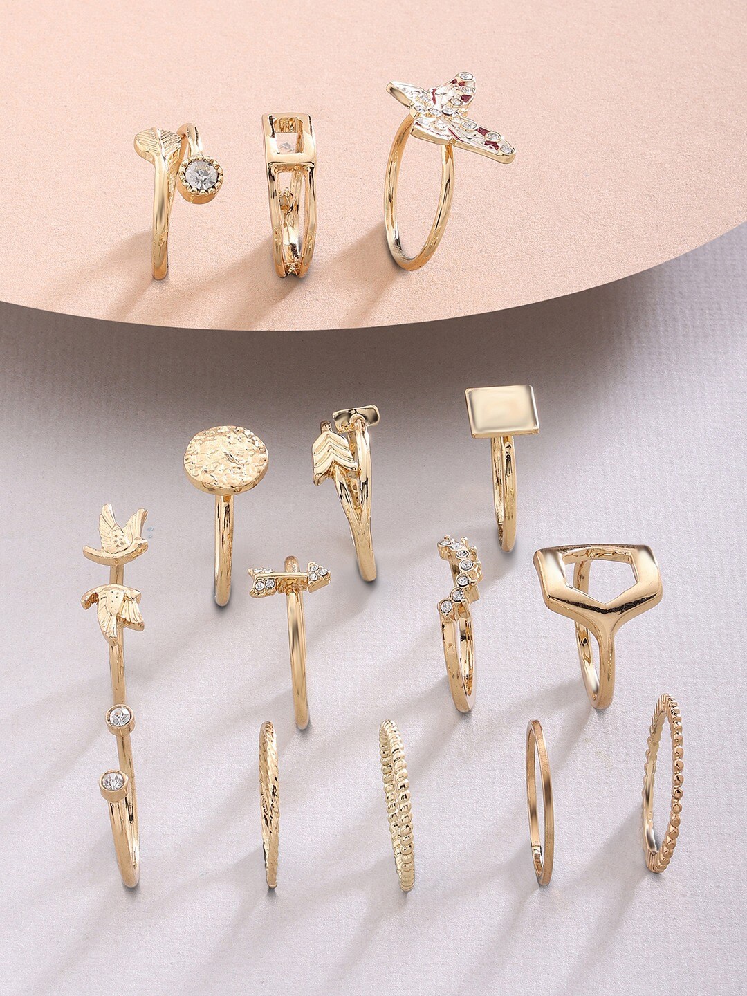 

AMI Set Of 15 Gold-Plated White Stone-Studded Finger Ring