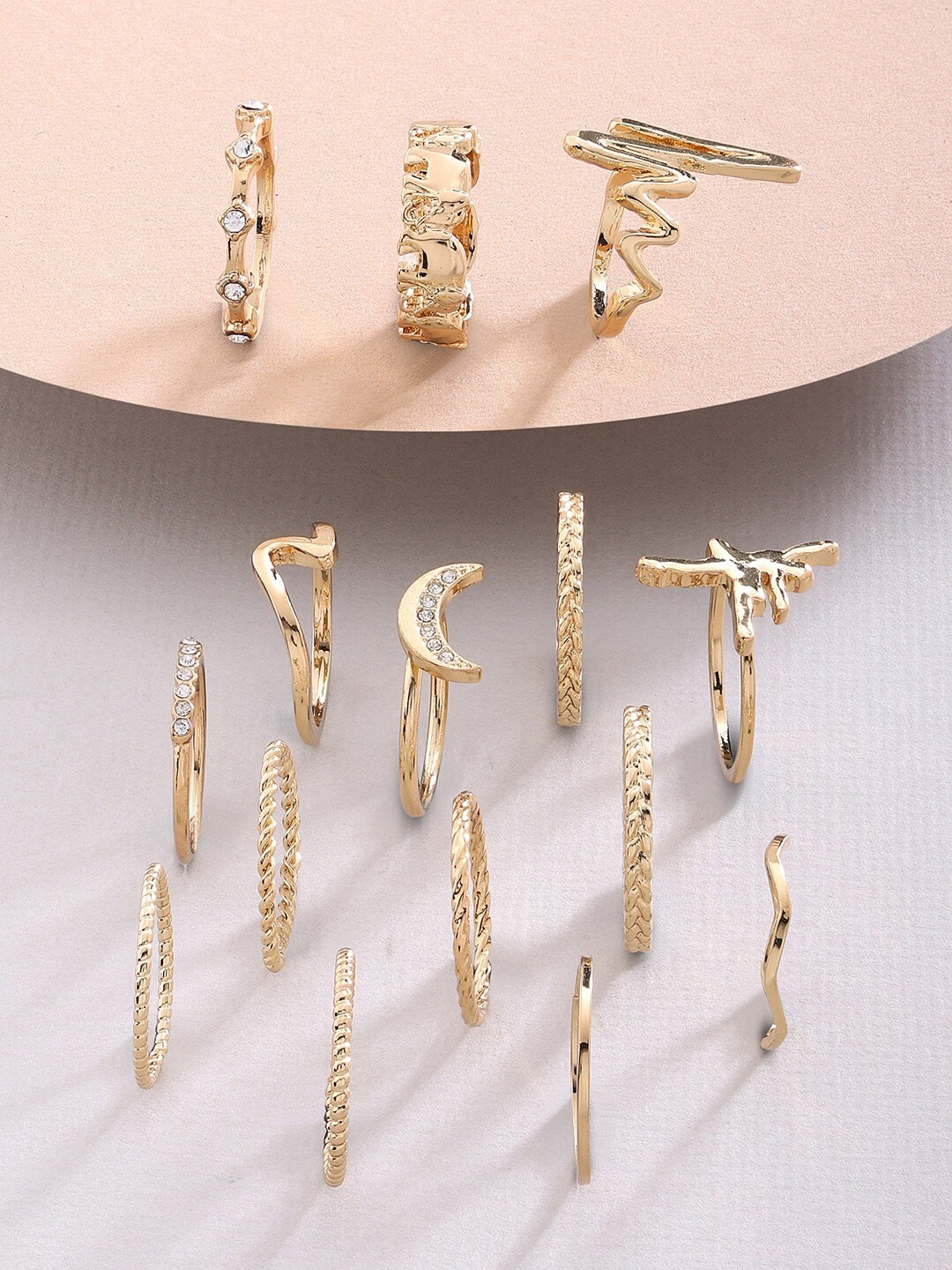 

AMI Set Of 15 Gold-Plated White Stone-Studded Finger Ring