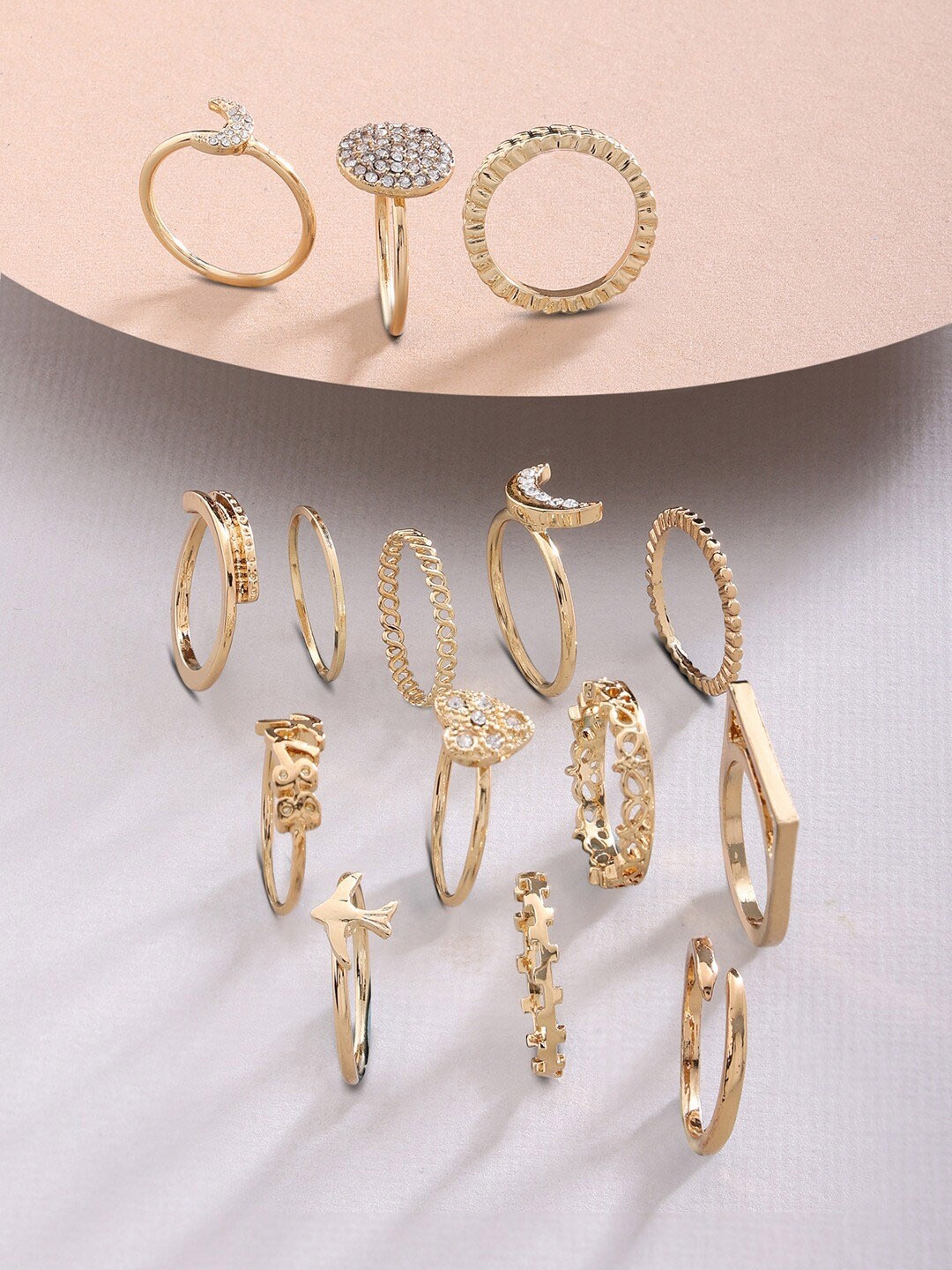 

AMI Set Of 15 Gold-Plated Stone-Studded & Beaded Finger Rings