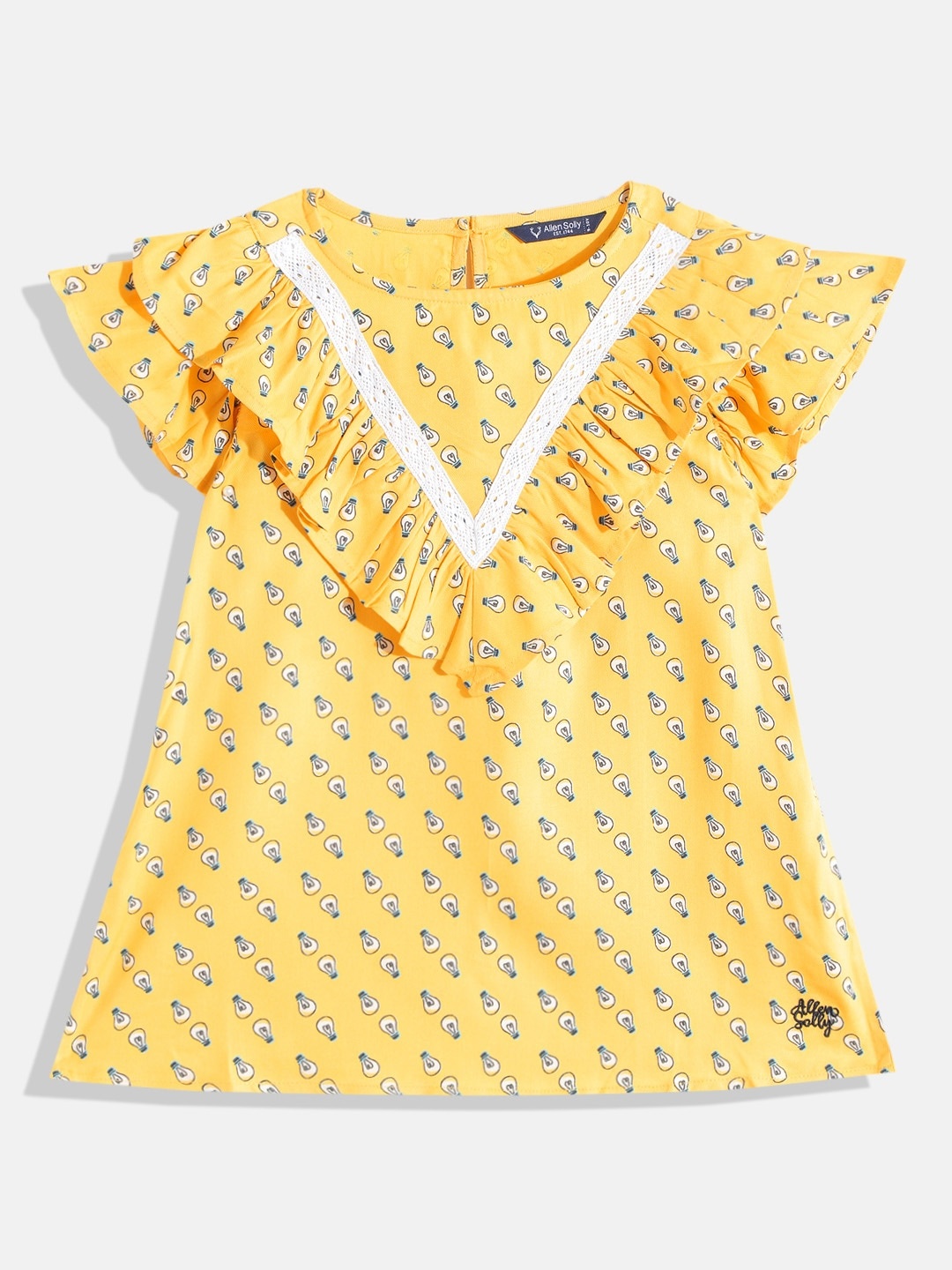 

Allen Solly Junior Girls Mustard Yellow & Blue Ditsy Conversation Print Layered A-Line Top