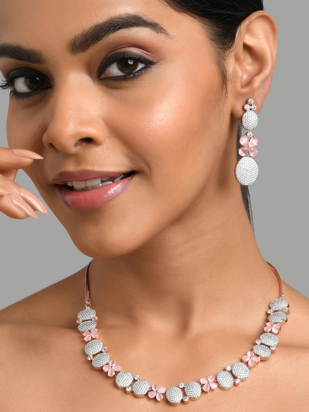 

Fida Rose Gold-Plated Pink & White AD-Studded Jewellery Set