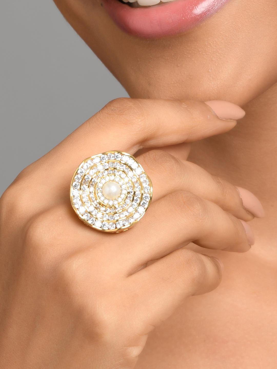 

Fida Gold-Plated White Stone-Studded & Beaded Adjustable Finger Rings