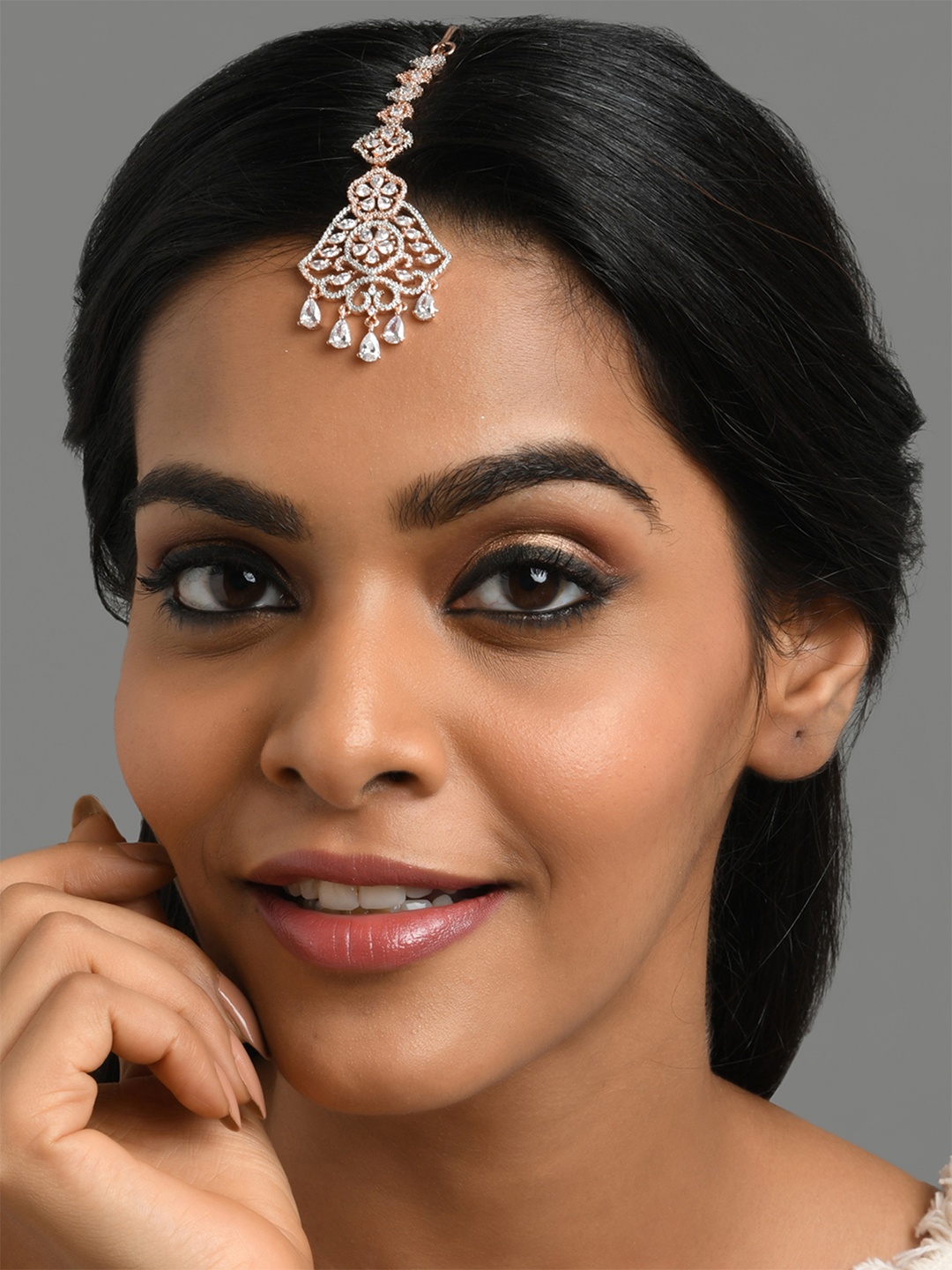 

Fida Rose Gold-Plated White AD-Studded Maang Tikka