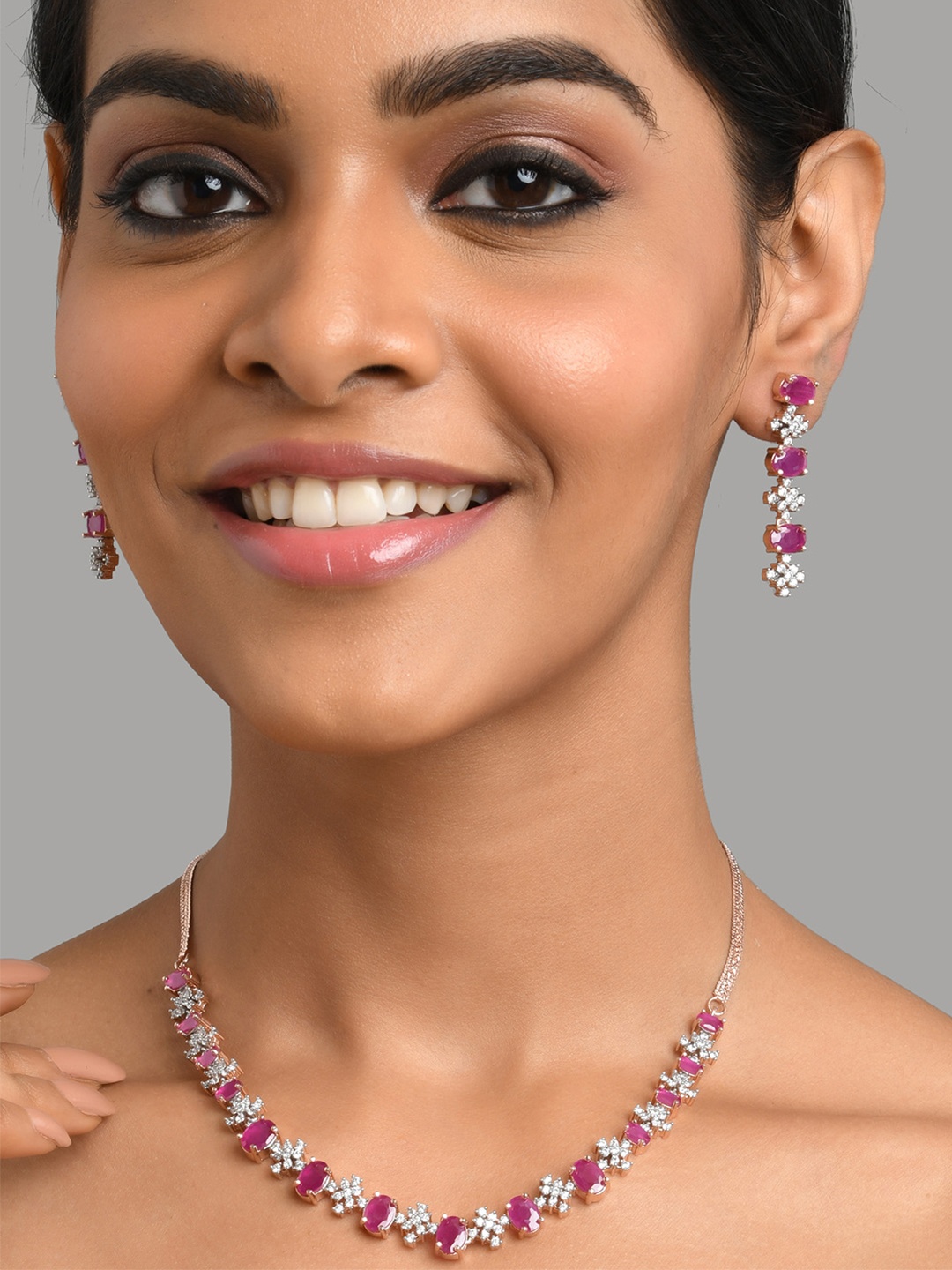 

Fida Rose Gold-Plated White & Pink AD-Studded Jewellery Set
