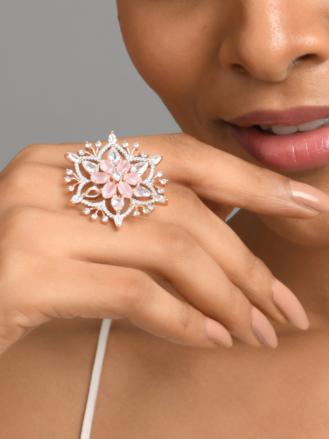 

Fida Rose-Gold Plated American Diamond Studded Finger Ring