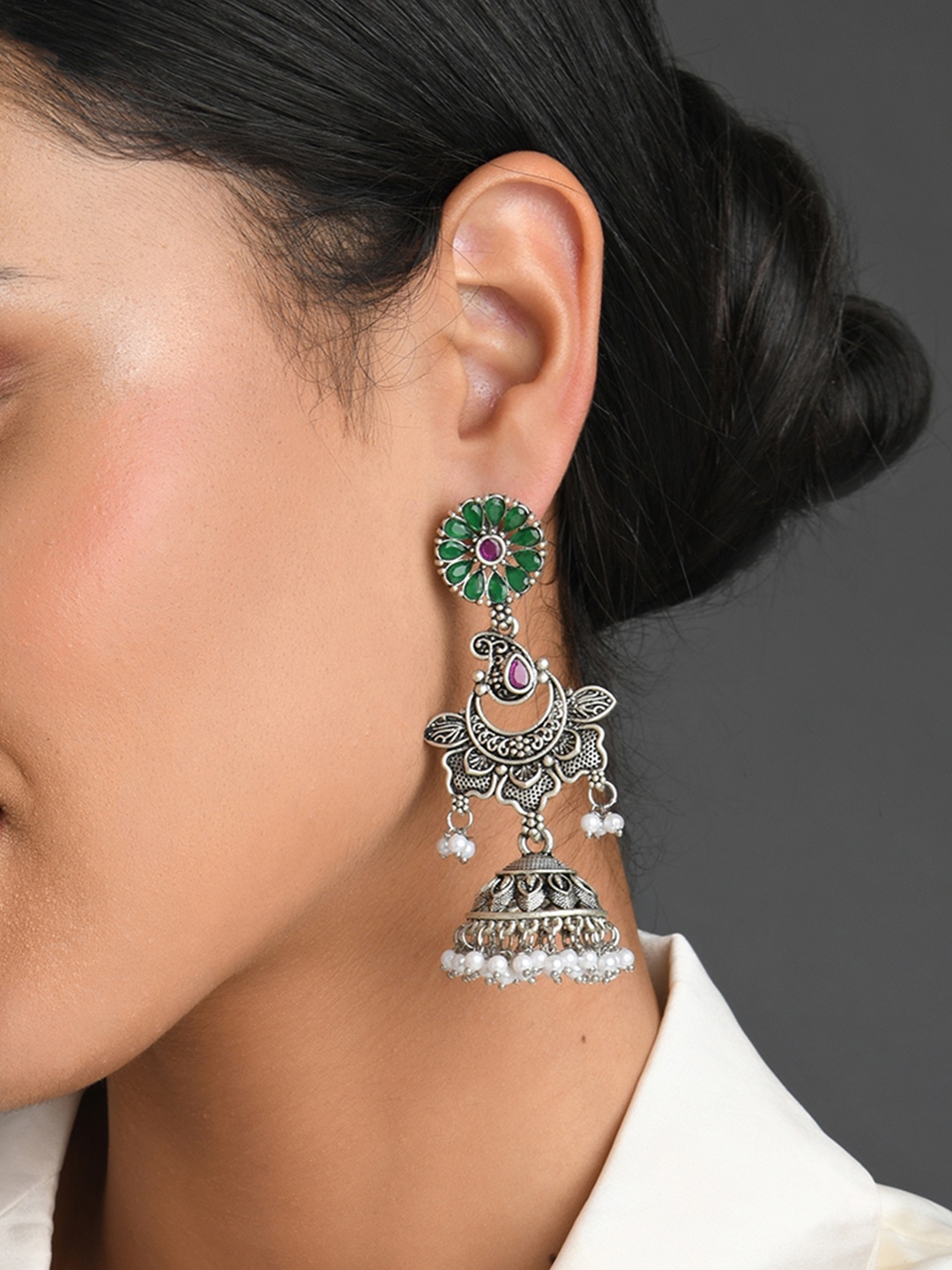 

Fida Silver-Toned Floral Jhumkas Earrings