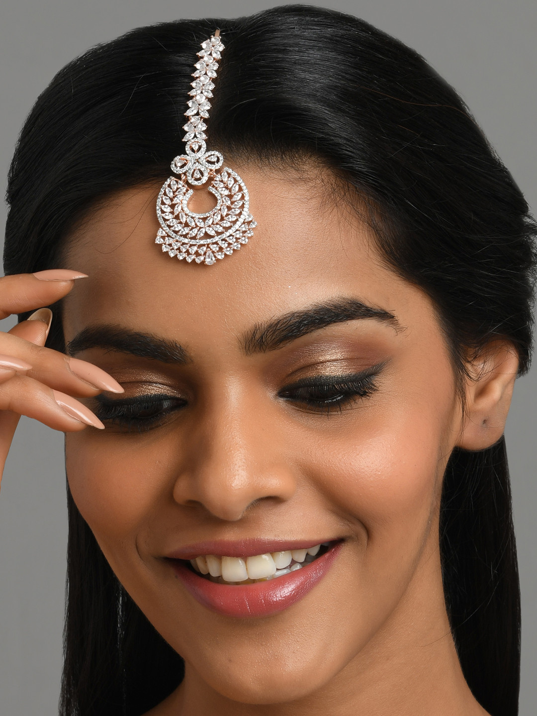 

Fida Rose Gold-Plated White AD-Studded Maang Tikka