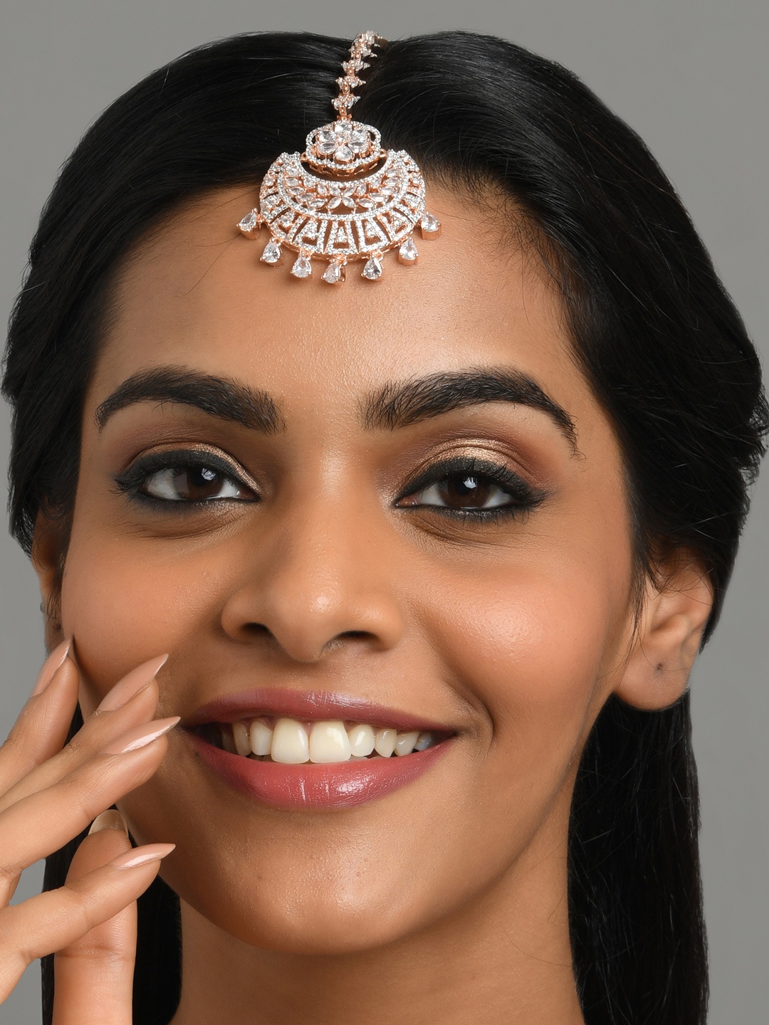 

Fida Women Rose Gold-Plated White AD Studded Maang Tikka
