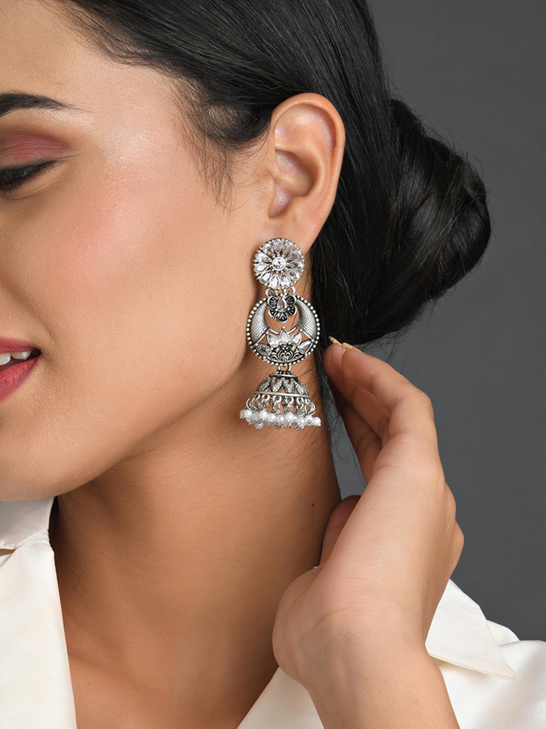

Fida Silver-Toned Floral Jhumkas Earrings