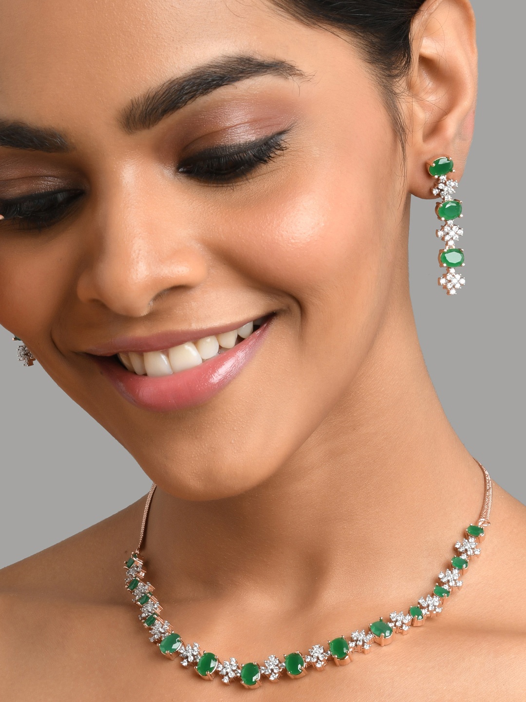 

Fida Rose Gold-Plated White & Green AD Studded Jewellery Set
