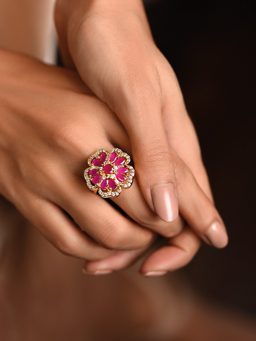 

Fida Gold-Plated White & Pink Stone-Studded Adjustable Finger Rings