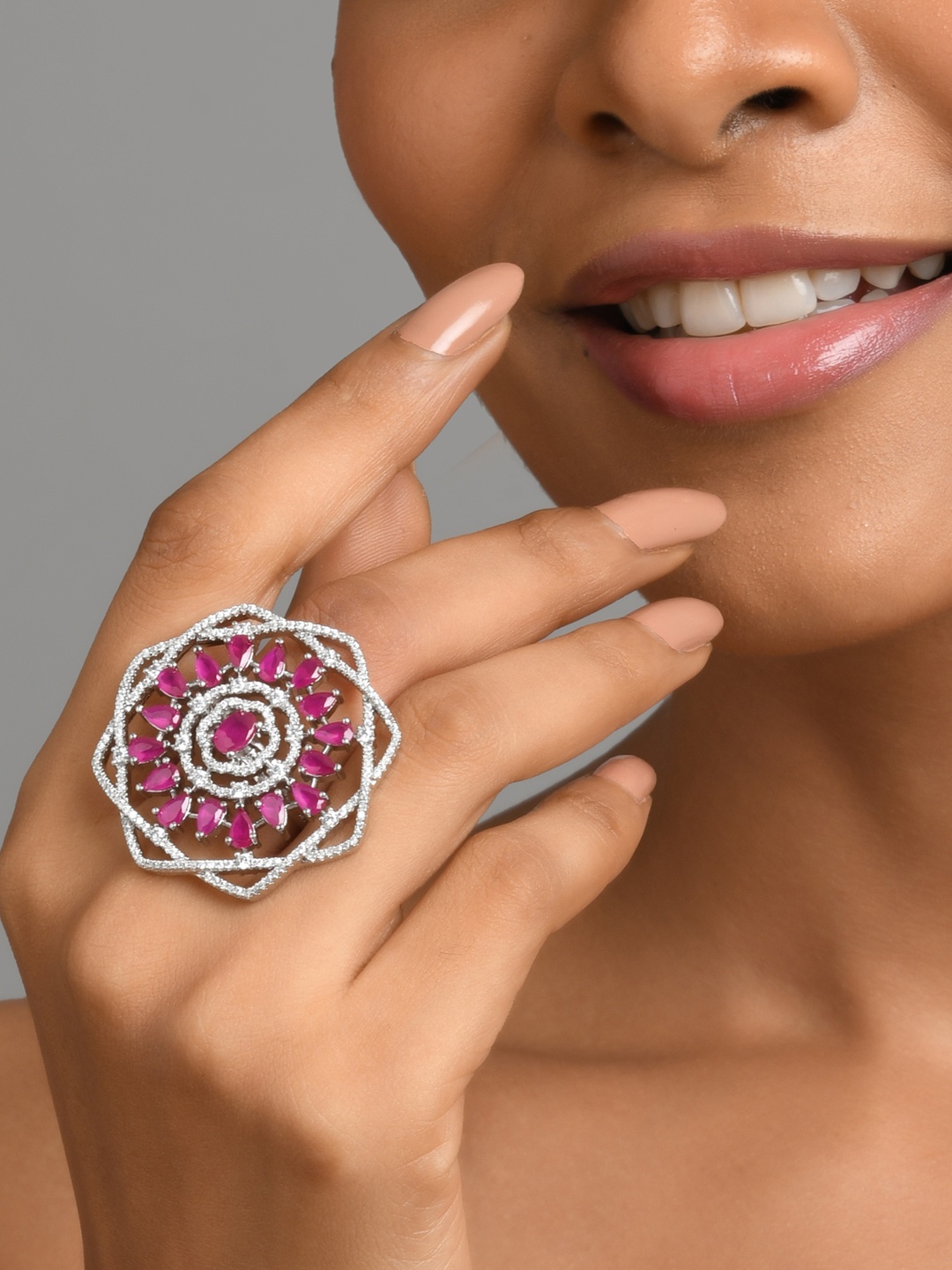

Fida Women Pink & Silver-Toned Rhodium-Plated AD Finger Ring
