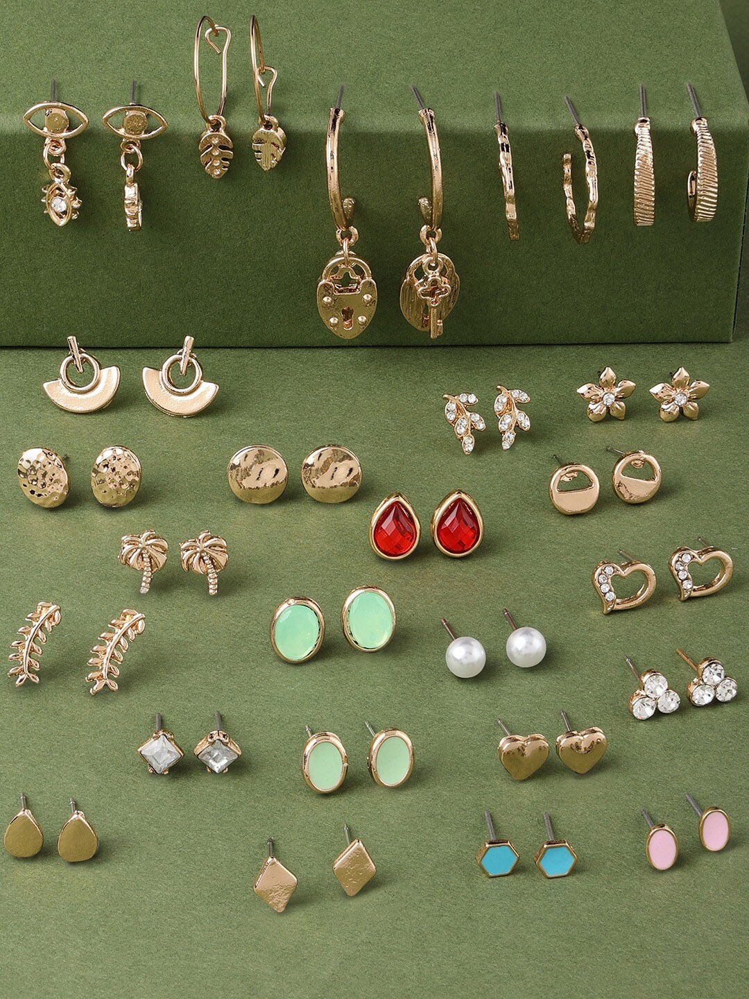 

AMI Zaveri Pearls Set Of 25 Gold Toned Studs & Drop Earrings, Multi