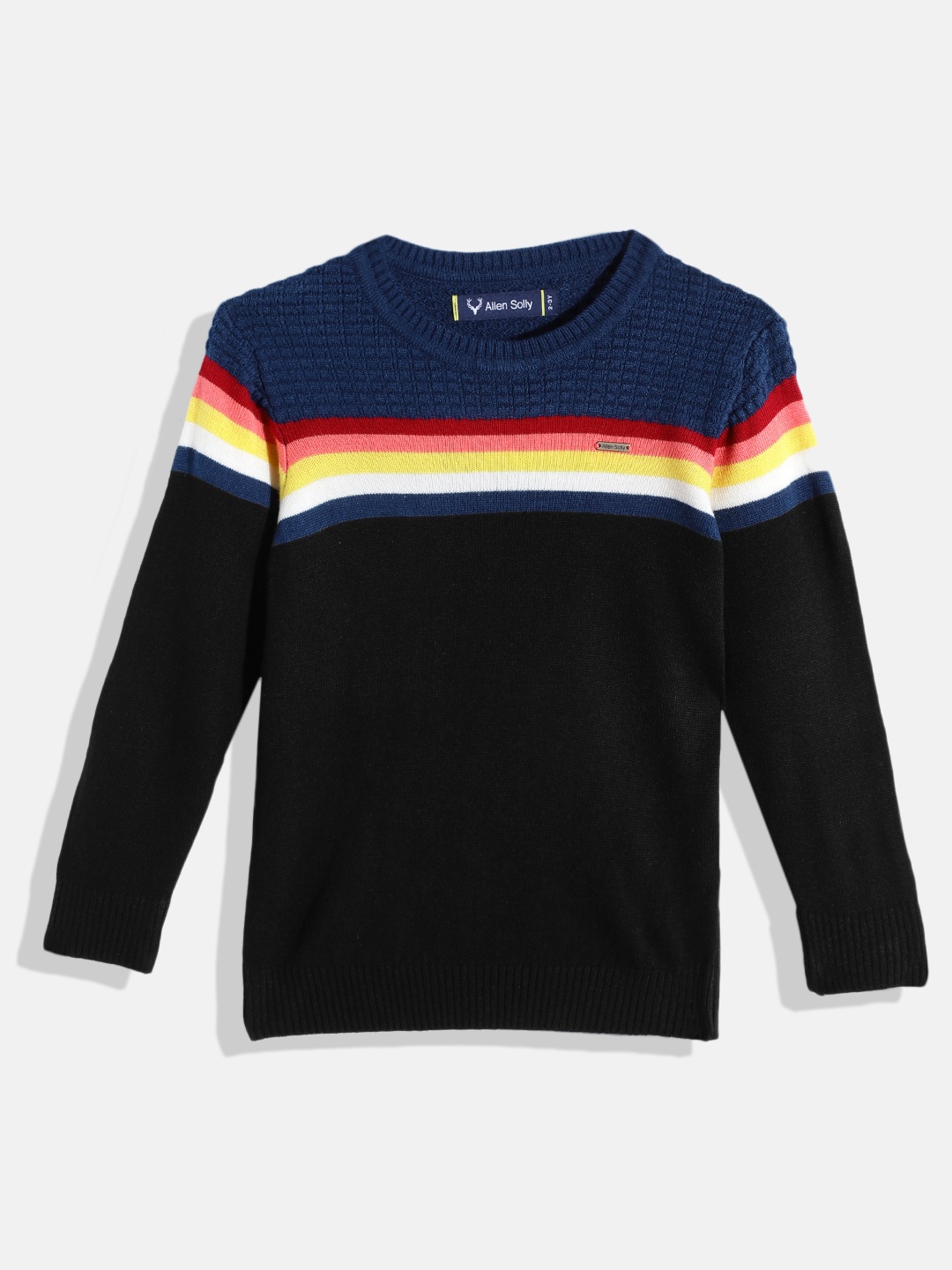 

Allen Solly Junior Boys Black & Navy Blue Striped Acrylic Pullover