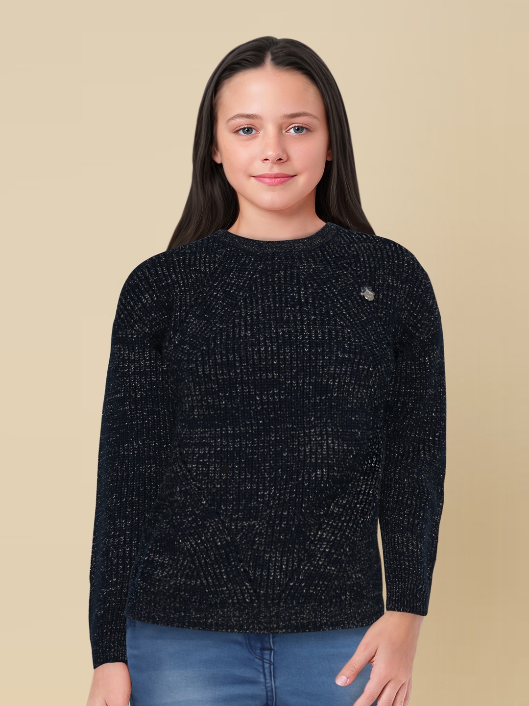

Allen Solly Junior Girls Navy Blue & Silver-Toned Solid Knitted Pullover