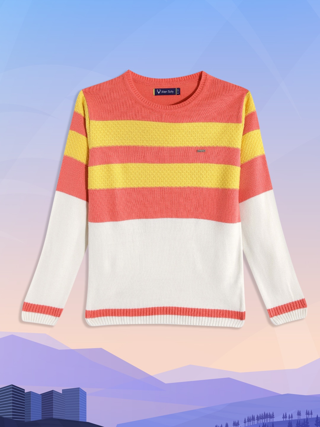 

Allen Solly Junior Boys White & Peach-Coloured Striped Pullover