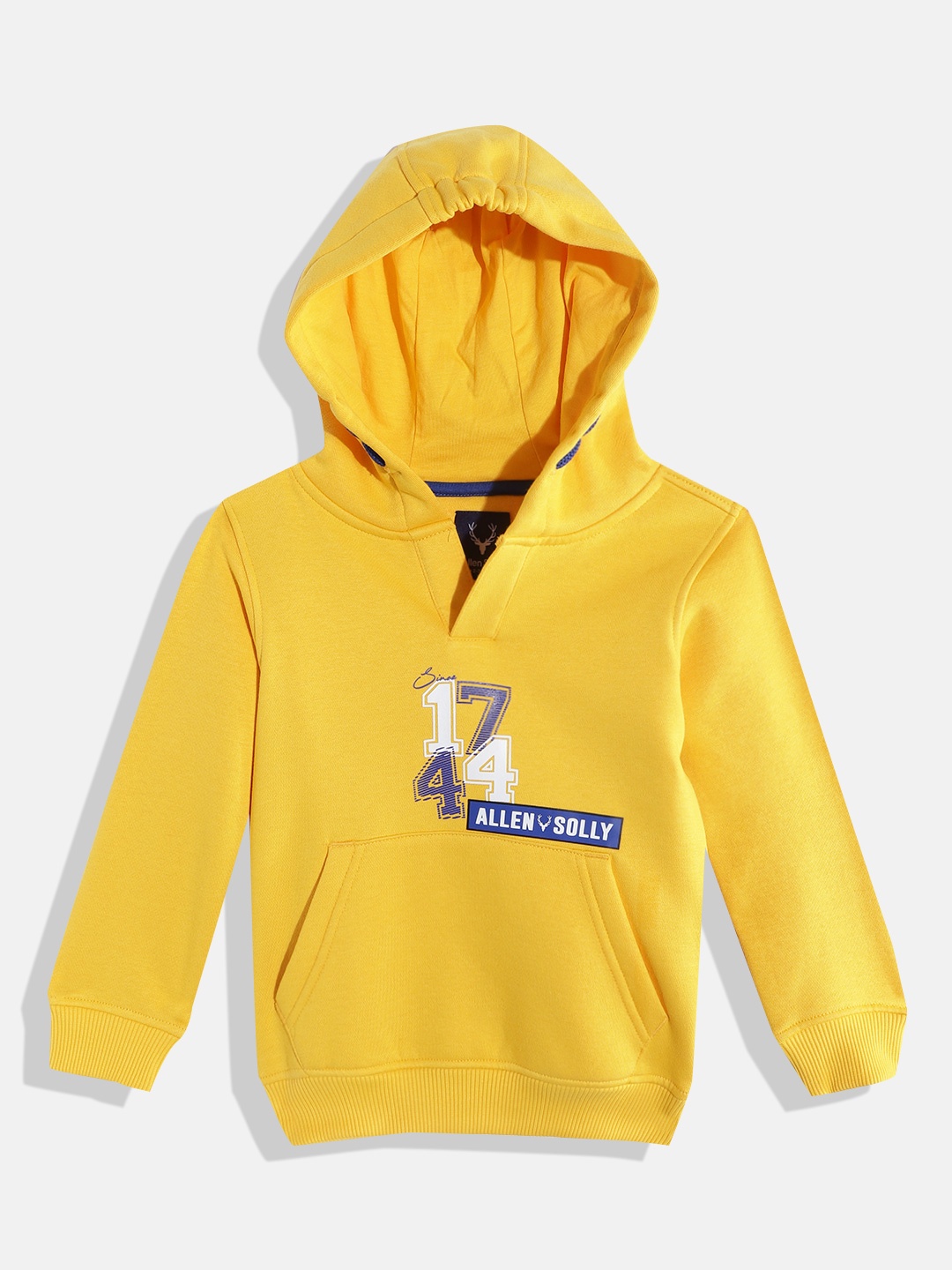 

Allen Solly Junior Boys Yellow & Navy Blue Typography Print Hooded Sweatshirt
