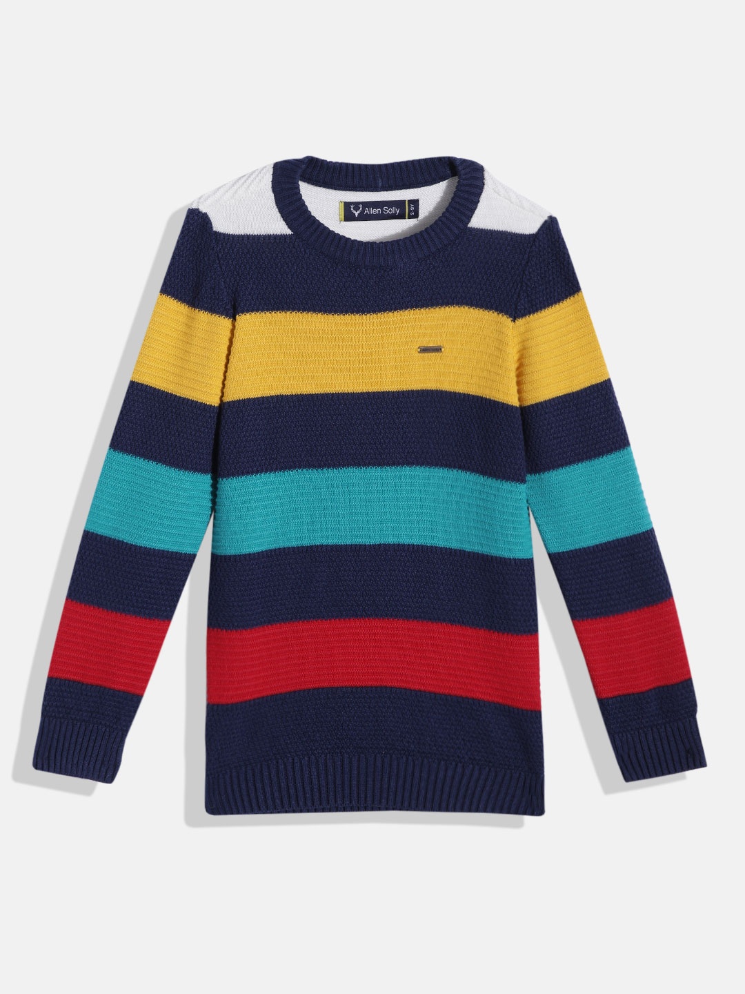 

Allen Solly Junior Boys Navy Blue & Yellow Pure Cotton Striped Striped Pullover