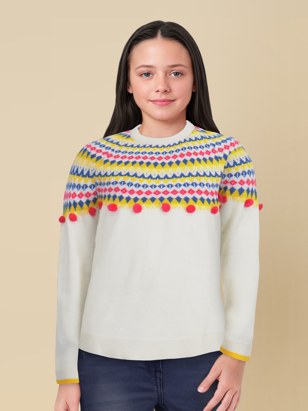 

Allen Solly Junior Girls White Pink & Yellow Geometric Print Pullover