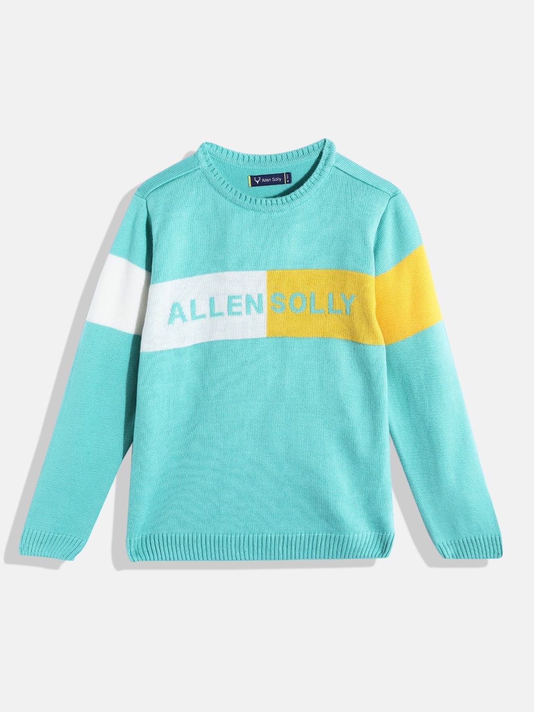 

Allen Solly Junior Boys Turquoise Blue & Yellow Self Design Acrylic Pullover
