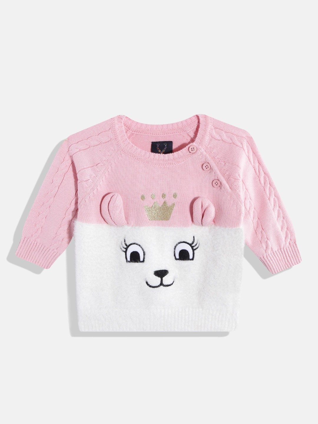 

Allen Solly Junior Girls Pink & White Colourblocked Pullover with Applique Detail