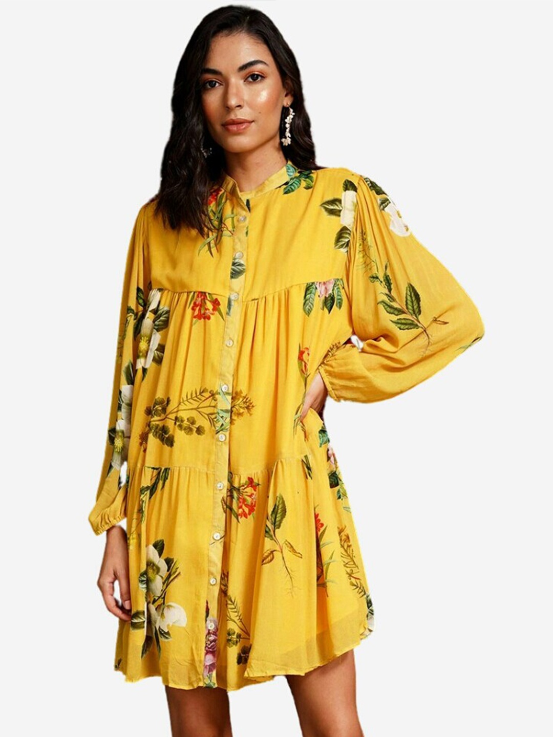 

Alaya By Stage3 Yellow & pale marigold Floral Tie-Up Neck Georgette A-Line Dress