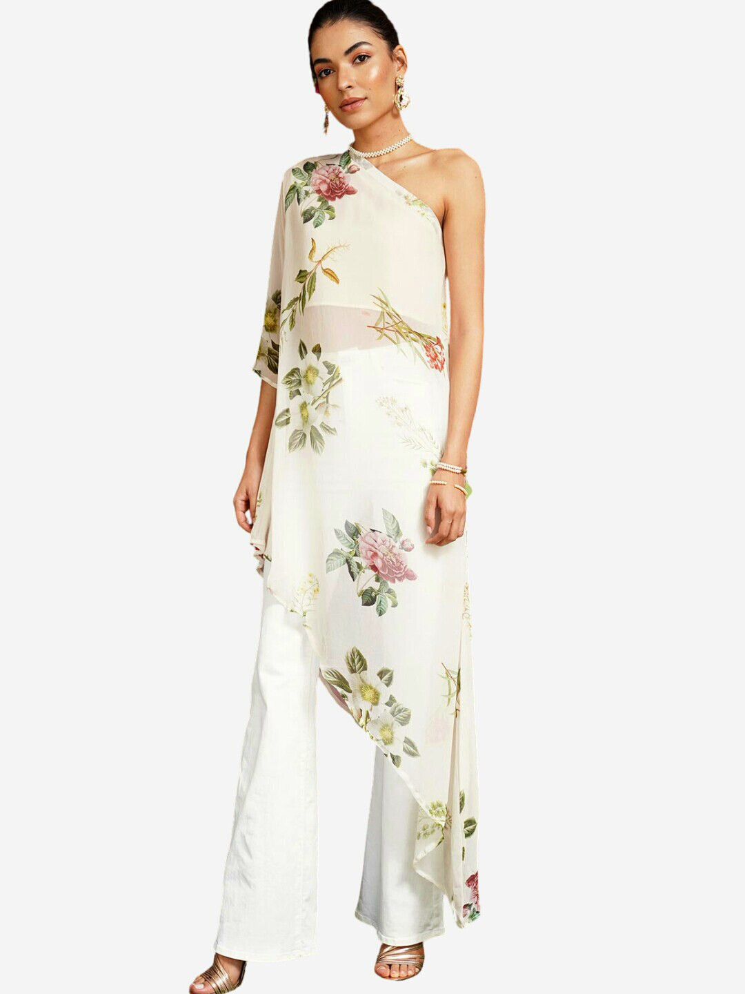 

Alaya By Stage3 White & isabelline Floral Print One Shoulder Georgette Maxi Longline Top