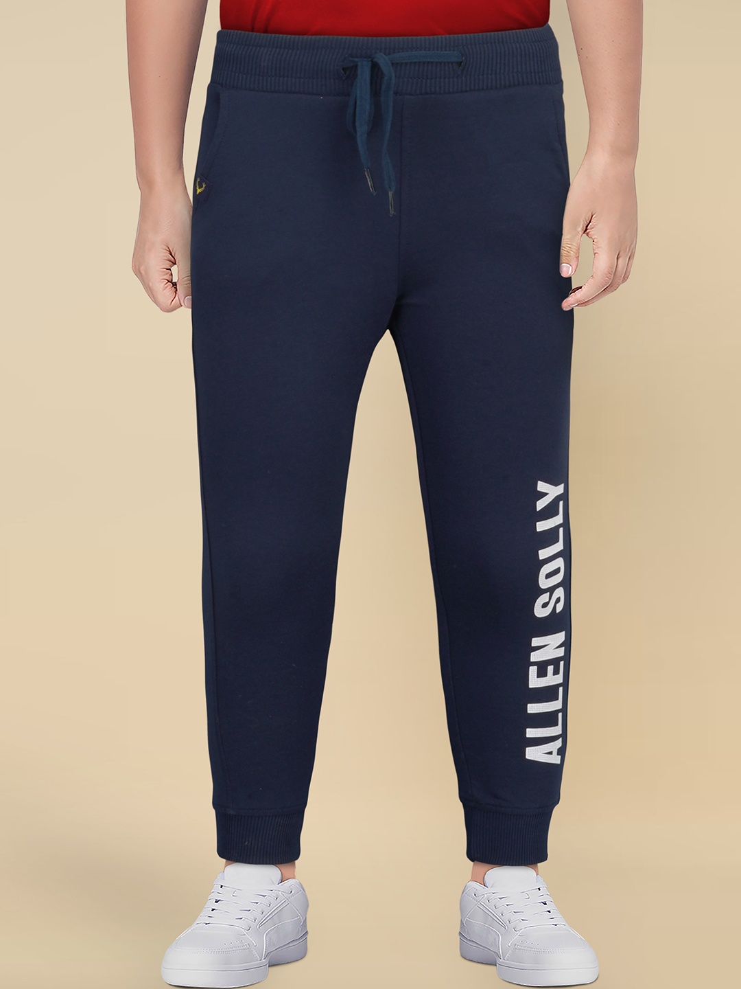 

Allen Solly Junior Boys Navy Blue & White Solid Cotton Joggers with Brand Logo Print