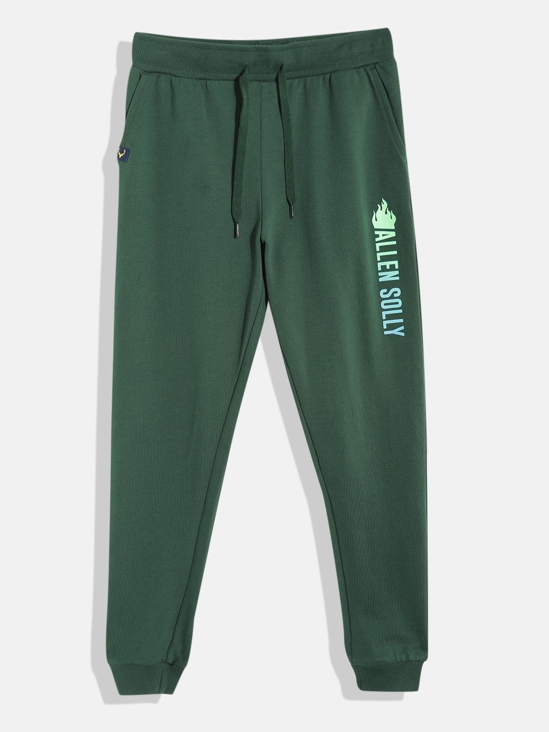 Allen Solly Junior Boys Olive Green Solid Pure Cotton Brand Logo Print Joggers