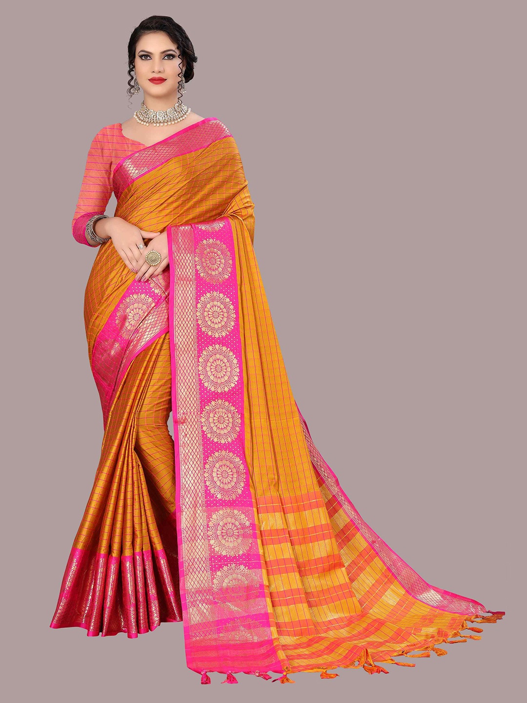 Mizzific Orange & Pink Woven Design Zari Silk Cotton Banarasi Saree