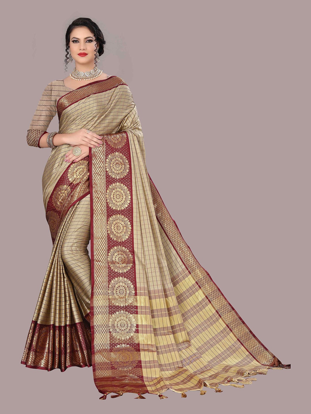 

Mizzific Rust & Gold-Toned Woven Design Zari Silk Cotton Banarasi Saree