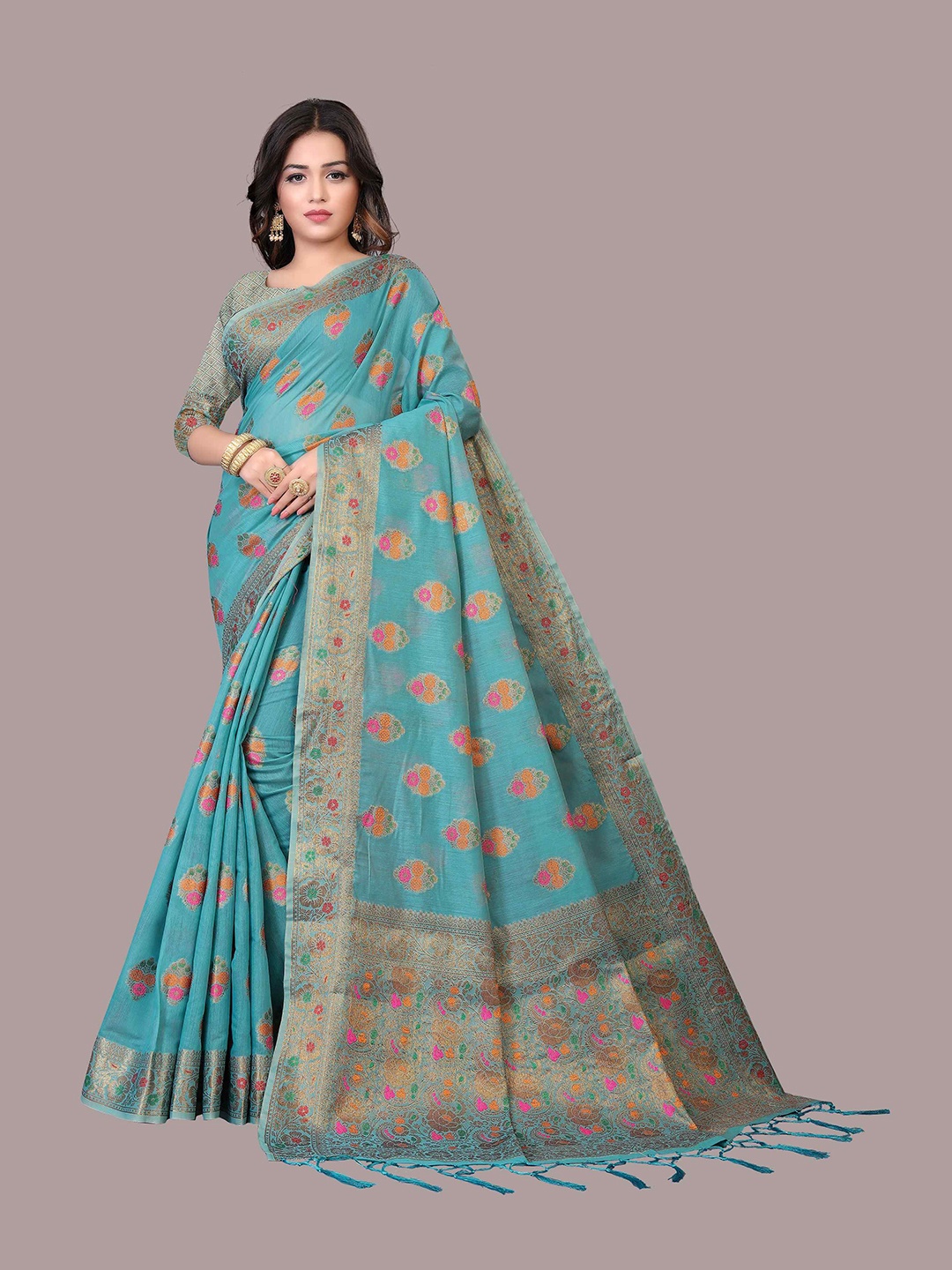 

Mizzific Turquoise Blue & Gold-Toned Woven Design Zari Pure Cotton Chanderi Saree
