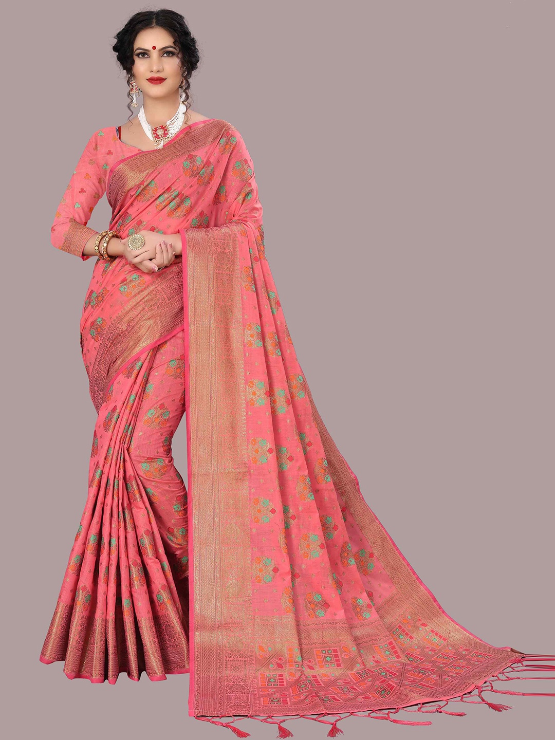 

Mizzific Pink & Gold-Toned Woven Design Zari Pure Cotton Chanderi Saree