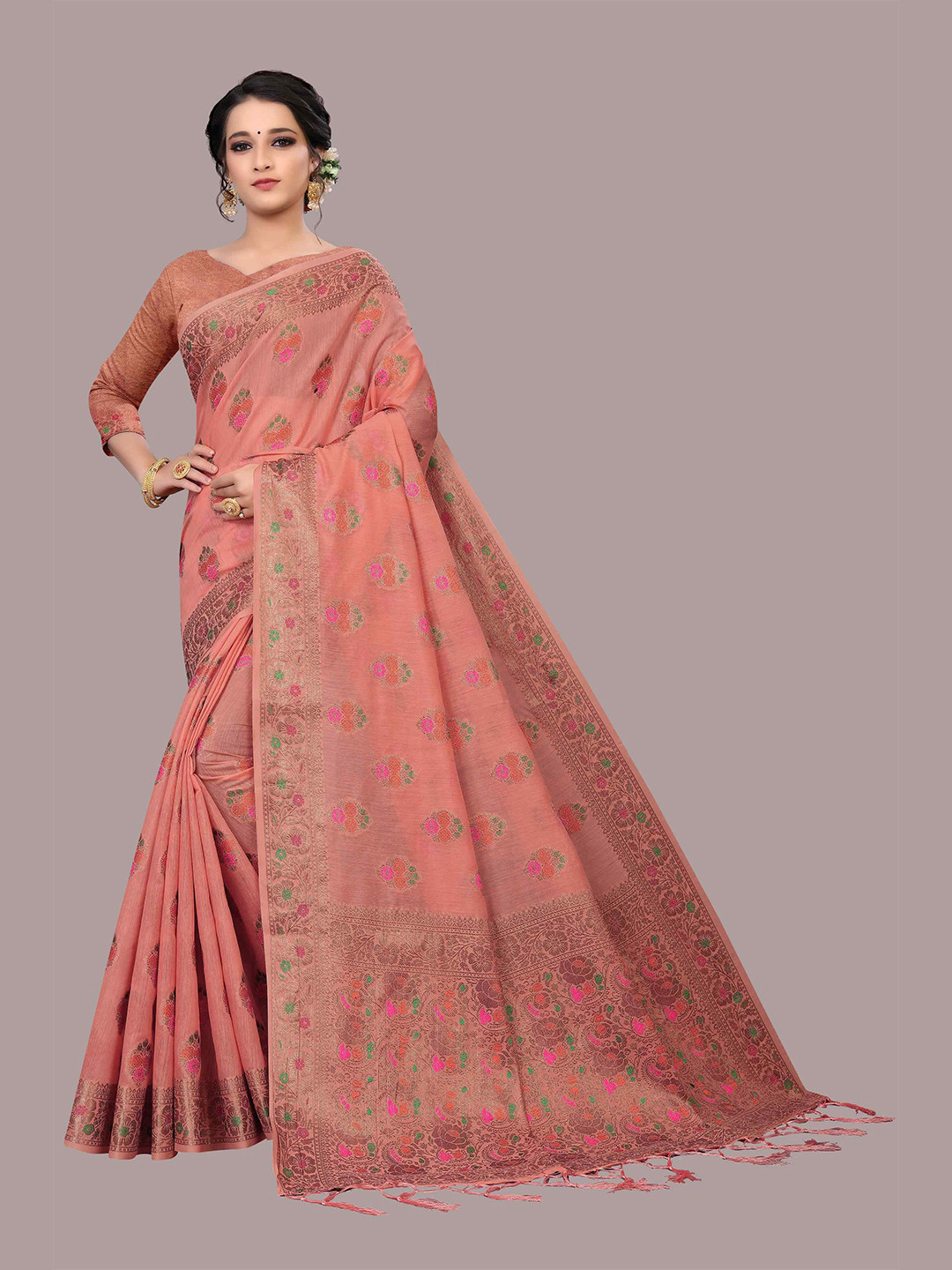 

Mizzific Pink & Green Woven Design Zari Pure Cotton Chanderi Saree