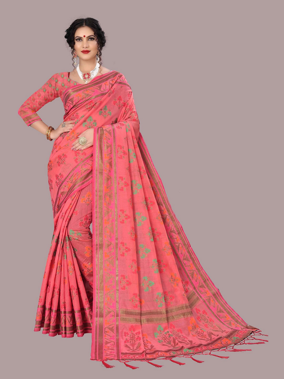 

Mizzific Pink & Green Woven Design Zari Pure Cotton Chanderi Saree