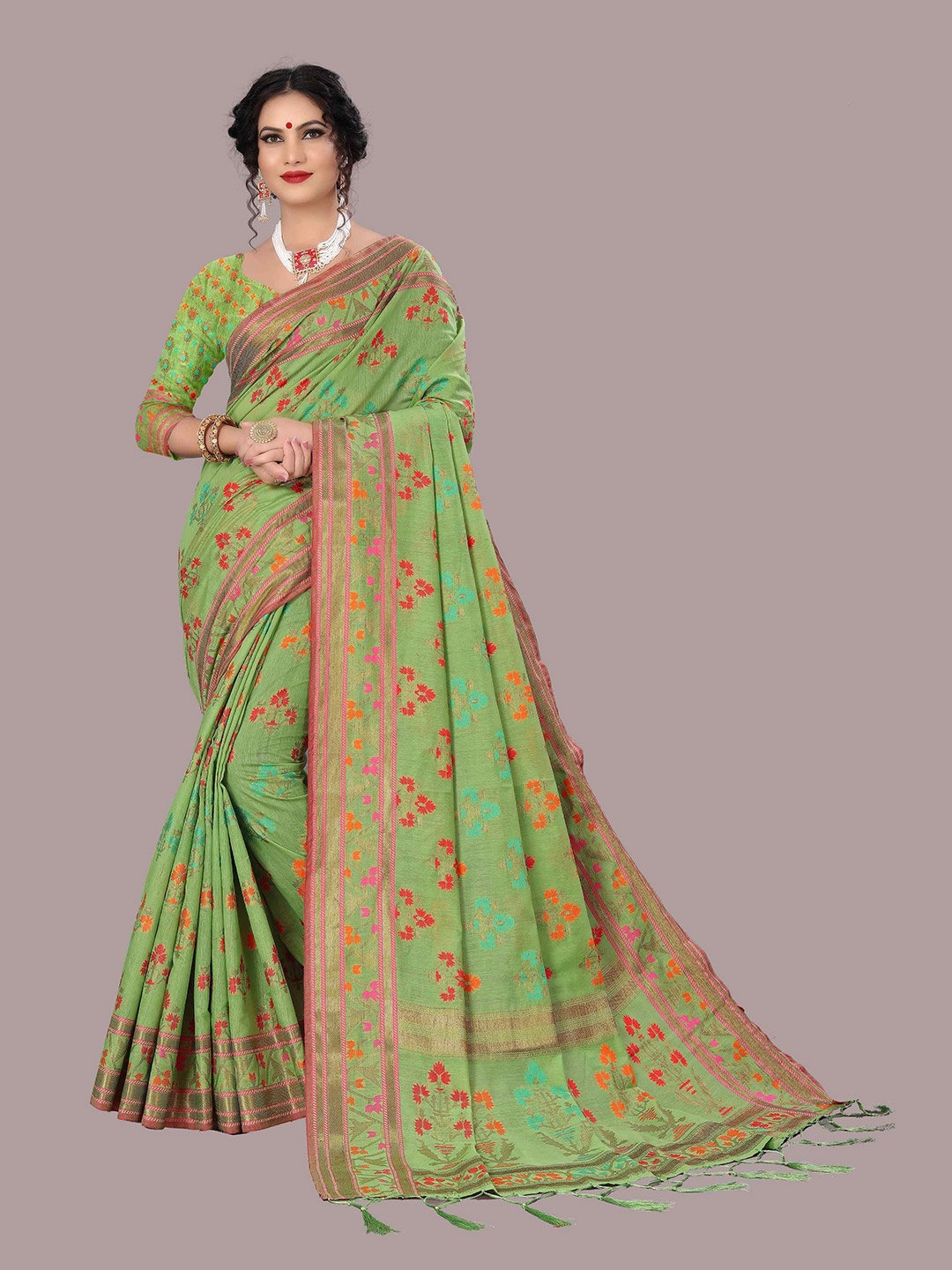 

Mizzific Green & Rust Woven Design Zari Pure Cotton Chanderi Saree
