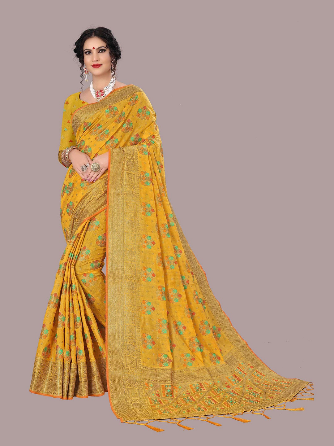 

Mizzific Yellow & Red Woven Design Zari Pure Cotton Chanderi Saree