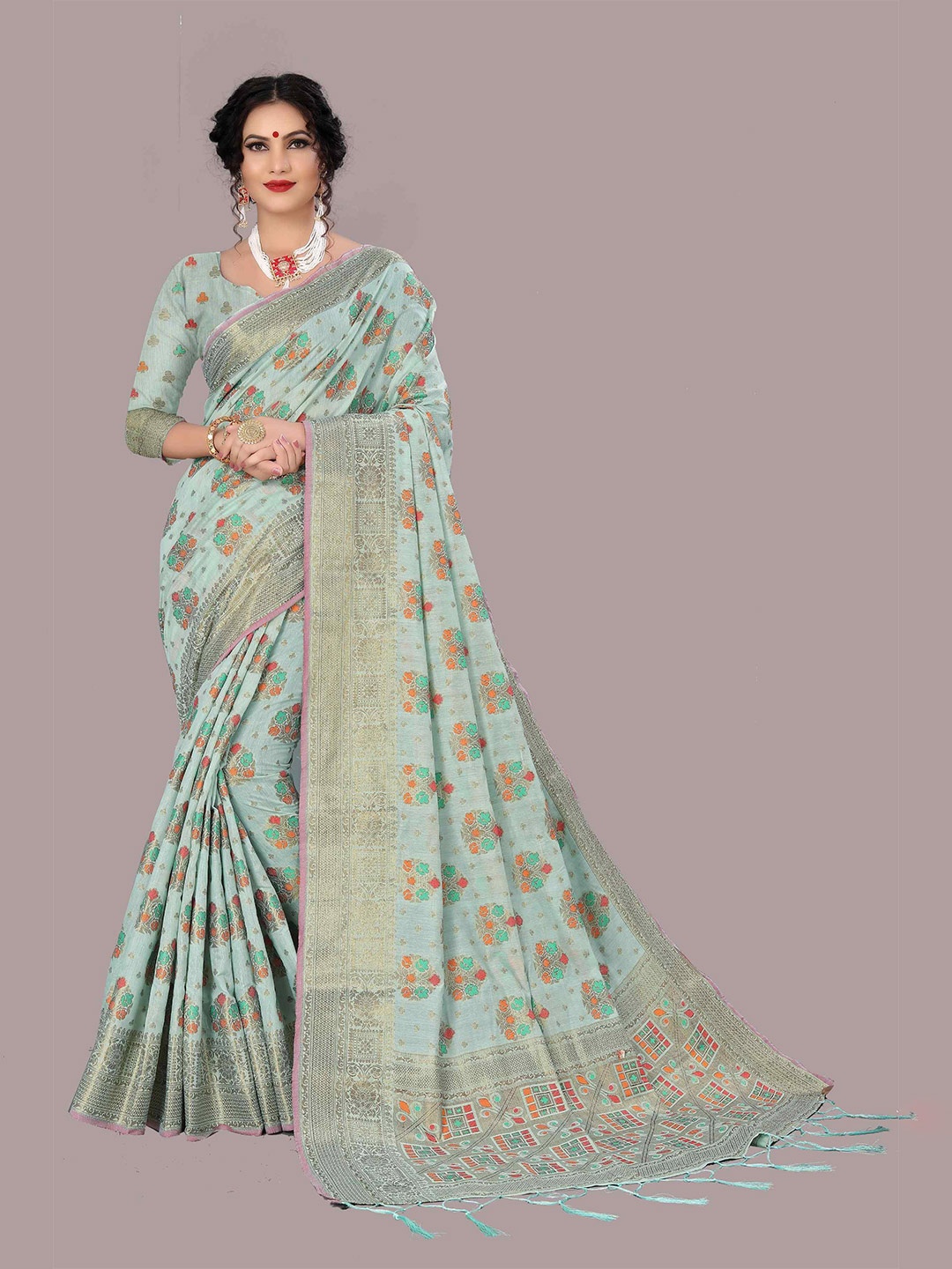 

Mizzific Blue & Red Floral Zari Pure Cotton Chanderi Saree