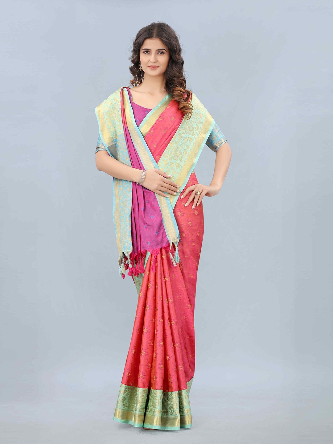 

Mizzific Purple & Green Woven Design Zari Silk Cotton Kanjeevaram Saree