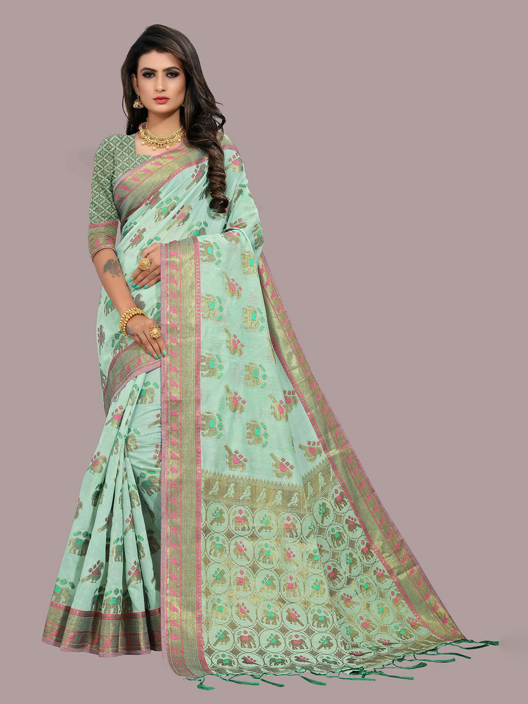 

Mizzific Turquoise Blue & Gold-Toned Woven Design Zari Pure Cotton Chanderi Saree