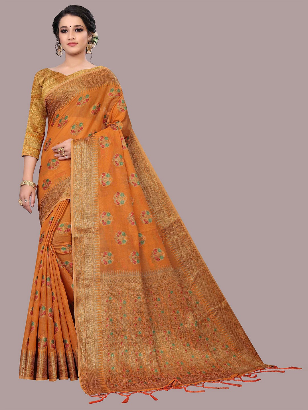 

Mizzific Yellow & Green Woven Design Zari Pure Cotton Chanderi Saree