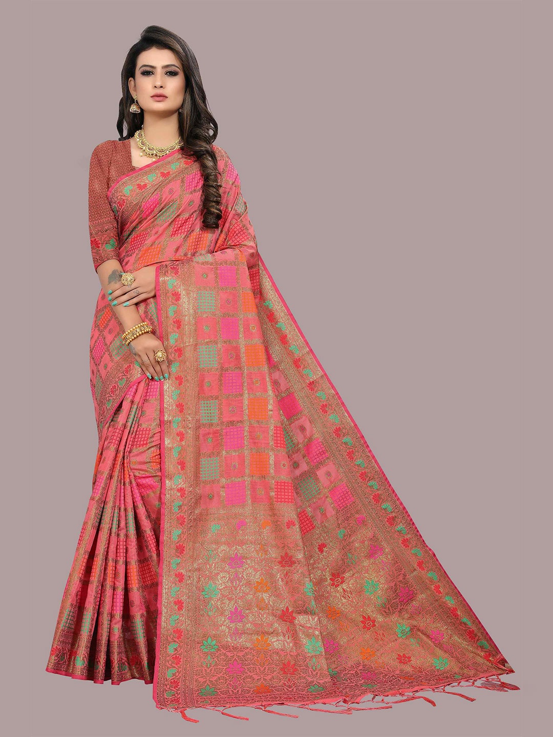 

Mizzific Pink & Red Woven Design Zari Pure Cotton Chanderi Saree