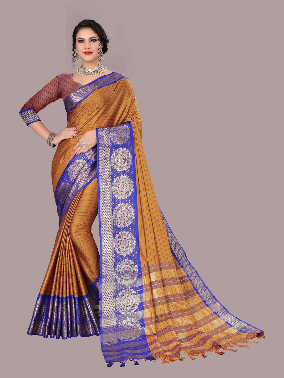 

Mizzific Blue & Mustard Woven Design Zari Silk Cotton Banarasi Saree