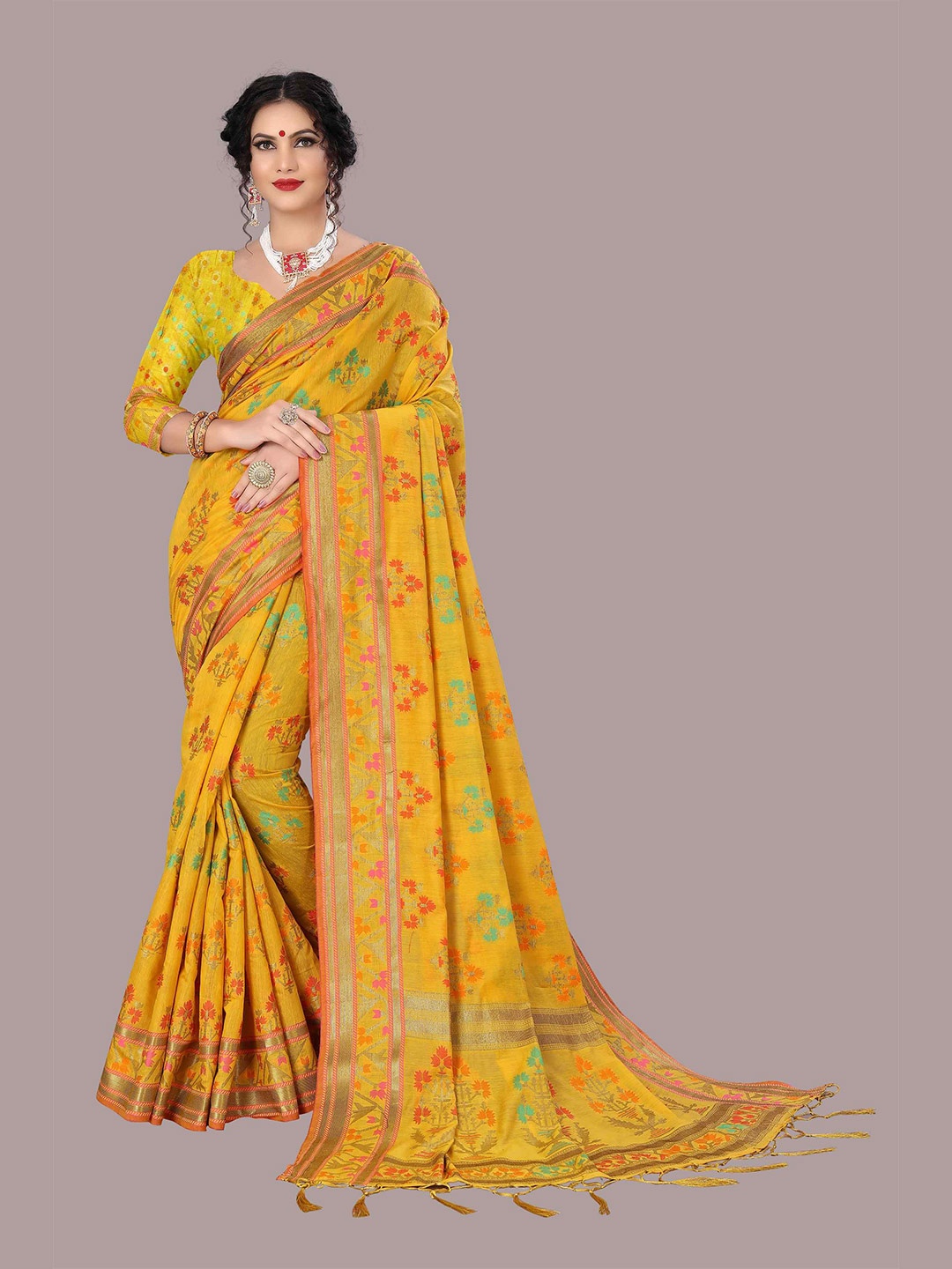 

Mizzific Orange & Yellow Floral Zari Pure Cotton Chanderi Saree