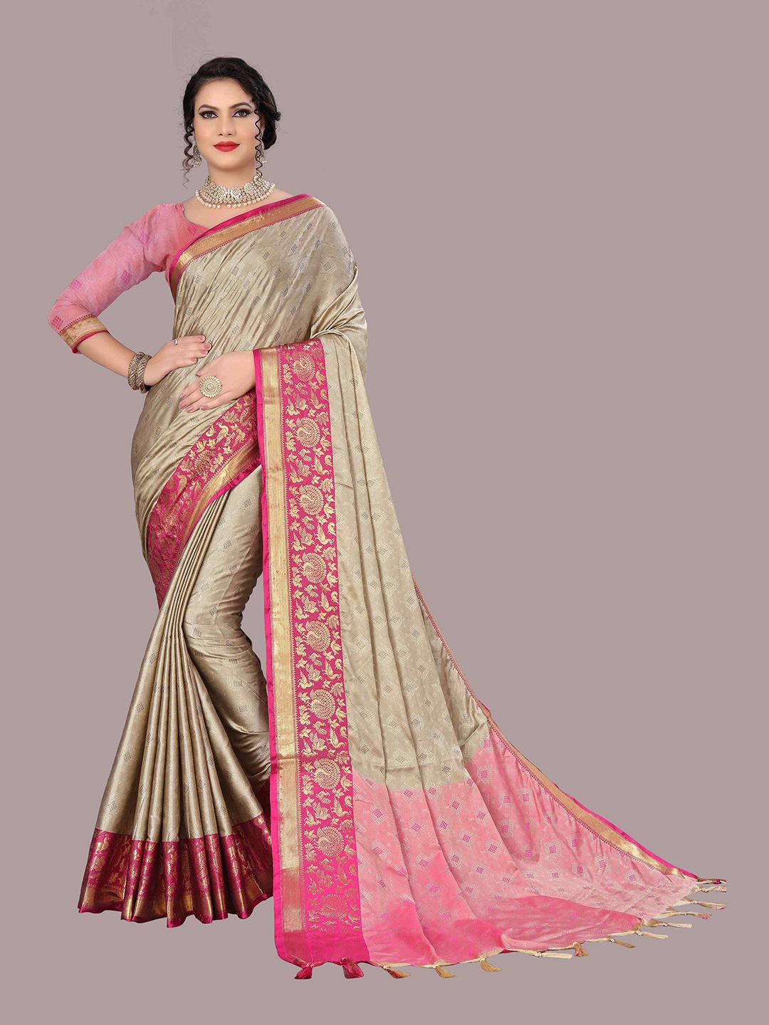 

Mizzific Pink & Gold-Toned Woven Design Zari Silk Cotton Kanjeevaram Saree