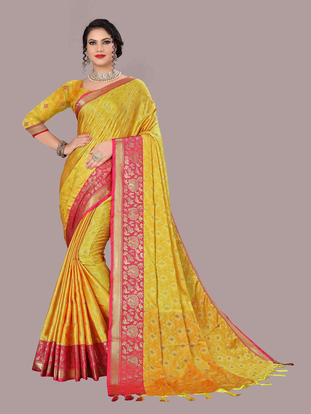

Mizzific Yellow & Pink Woven Design Zari Silk Cotton Kanjeevaram Saree