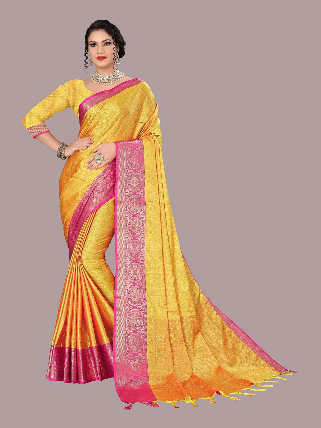 

Mizzific Pink & Yellow Woven Design Zari Silk Cotton Kanjeevaram Saree